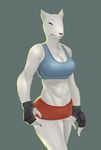  2016 abs anthro big_breasts black_nose bra breasts canine claws cleavage clothed clothing dog female fur gloves grey_background hawkilla hi_res holly_(character) mammal navel shorts simple_background smile solo sports_bra underwear white_fur 