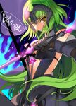  bare_shoulders c.c. code_geass creayus fate/grand_order fate_(series) green_hair jeanne_alter jeanne_alter_(cosplay) long_hair ruler_(fate/apocrypha) ruler_(fate/grand_order) solo sword text translated weapon yellow_eyes 