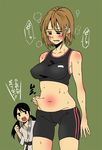  2girls bare_shoulders belly_grab bike_shorts black_hair blush breasts brown_hair dougi erect_nipples idolmaster idolmaster_cinderella_girls iro_marimo mimura_kanako multiple_girls nakano_yuka navel open_mouth plump short_hair simple_background sports_bra sweat translation_request twintails 