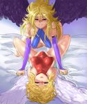  angel_wings bed blonde_hair blush breath_of_fire breath_of_fire_ii character_request colored crossover d1975 female hairband leotard looking_at_viewer multiple_girls nina_(breath_of_fire_ii) nina_(breath_of_fire_iii) pov short_hair thighhighs white_wings wings yuri 