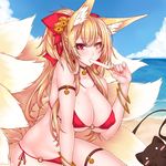  1girl :3 animal_ears arm_support arm_up armband armlet bangs bare_shoulders beach bell bikini black_cat blonde_hair blue_sky blush bow bracelet breasts bursting_breasts cat cleavage cloud collar collarbone commentary_request covered_nipples dripping eating erect_nipples eyebrows eyebrows_visible_through_hair eyelashes eyeliner eyeshadow fingernails food_in_mouth fox_ears fox_tail hair_between_eyes hair_bow halterneck heterochromia highres horizon jewelry jingle_bell large_breasts leaning_forward lips long_fingernails long_hair looking_at_viewer makeup multiple_tails nail_polish o-ring_bikini o-ring_bottom o-ring_top ocean pink_nails ponytail popsicle red_bikini red_eyes red_nails seiza shiny shiny_skin side-tie_bikini sidelocks sitting skindentation sky solo stomach string_bikini suzuneko_(yume_no_kyoukai) sweat swimsuit tail thigh_strap thighs twitter_username updo yellow_eyes 