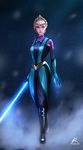  adapted_costume blonde_hair blue_eyes boots braid company_connection disney elsa_(frozen) energy_sword frozen_(disney) gloves hair_bun highres jedi lightsaber raikoart solo star_wars sword tiara weapon 