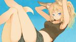 1girl animal_ears armpits arms_up batta_(kanzume_quality) blonde_hair blue_background blue_eyes breasts fox_ears fox_tail long_hair looking_at_viewer navel original shorts simple_background smile solo tail 