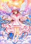  1girl alternate_wings angel_wings blue_eyes blue_sky bow brown_hair capelet cloud dated dress hat lily_white long_hair marker_(medium) mosho multiple_wings open_mouth petals signature sky smile solo touhou traditional_media very_long_hair watercolor_(medium) white_dress wide_sleeves wings 
