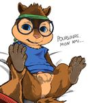  alvin_and_the_chipmunks anthro anus balls bandanna blue_eyes brown_fur chipmunk cub eyewear french_text fur glasses lando male mammal mid_erect nude paws penis rodent simon_seville spreading subject2host_(artist) text young 