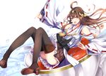  1girl ahoge bare_shoulders boots brown_hair brown_skirt bubble cup detached_sleeves double_bun frills hairband headgear japanese_clothes kantai_collection knees_together_feet_apart kongou_(kantai_collection) konkito long_hair looking_at_viewer nontraditional_miko open_mouth pleated_skirt purple_eyes ribbon-trimmed_sleeves ribbon_trim simple_background skirt solo tea teacup teeth thigh_boots thighhighs water white_background 