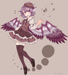  /\/\/\ 1girl beret bird_wings blouse blush egret full_body hat hat_with_ears head_wings highres juliet_sleeves long_sleeves looking_at_viewer musical_note mystia_lorelei neck_ribbon open_mouth puffy_sleeves purple_eyes purple_hair ribbed_legwear ribbon shoes short_hair skirt smile solo thighhighs touhou vest wings zettai_ryouiki 