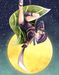  1boy :o adjusting_clothes adjusting_hat aiguillette armor bad_proportions cape capelet etcelebi falling full_moon green_eyes grey_legwear hair_over_one_eye hat holding holding_sword holding_weapon hotarumaru japanese_armor kneehighs long_sleeves looking_at_viewer male_focus moon night night_sky one_eye_covered open_mouth outstretched_arm peaked_cap purple_legwear red_ribbon ribbon sheath shoulder_pads sky solo star_(sky) starry_sky sword touken_ranbu uniform unsheathed upside-down weapon white_hair 