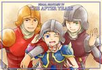  3boys armor biggs_(ff4) blonde_hair blue_eyes blue_hair ceodore_harvey copyright_name final_fantasy final_fantasy_iv final_fantasy_iv_the_after green_eyes helmet multiple_boys one_eye_closed open_mouth pekamatu red_eyes sword teeth weapon wedge_(ff4) 