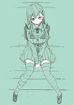  1girl ascot closed_mouth commentary_request female full_body green_background hair_ornament hairclip kantai_collection kouji_(campus_life) long_hair long_sleeves monochrome pleated_skirt sitting sketch skirt smile solo suzuya_(kantai_collection) thighhighs 