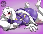  2015 anthro big_breasts blush boss_monster breasts caprine claws clothed clothing eyebrows eyelashes eyeshadow feet female frimbobbar fur goat horn huge_breasts keyhole legs_up lying makeup mammal nails on_front red_eyes seductive simple_background solo toe_claws toriel undertale video_games white_fur 