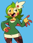  amphibian anthro blue_background clothed clothing coqui female frog green_hair hair hair_ornament hand_on_hip lips looking_at_viewer noseless open_mouth polka_dots scalie_schoolie shenanimation simple_background solo wide_hips 