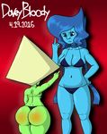  2016 alien big_butt bikini blonde_hair blue_hair blue_skin breasts butt choker cleavage clothed clothing date dovey_bloody_(artist) frown gem_(species) green_skin hair hi_res humanoid lapis_lazuli middle_finger not_furry peridot_(steven_universe) rear_view signature simple_background skimpy steven_universe swimsuit thick_thighs 