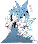  &gt;:) 1girl alternate_hairstyle blue_dress blue_eyes blue_hair blush bow bowtie breath cirno dress female hair_bow hand_on_hip hand_on_own_chest ice ice_wings morino_hon ponytail puffy_short_sleeves puffy_sleeves short_sleeves simple_background smile solo touhou white_background wings 
