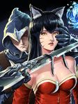  1boy 1girl 2016 ahri animal_ears bare_shoulders black_hair breasts cleavage collarbone dagger dated detached_sleeves facial_mark fox_ears fox_tail highres hood knife_to_throat korean_clothes league_of_legends lips looking_at_another looking_at_viewer narrowed_eyes nose one_eye_covered open_mouth pursed_lips realistic restrained serious slit_pupils somum surprised tail talon_(league_of_legends) threat threating upper_body weapon yellow_eyes 