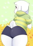  anthro asriel_dreemurr bent_over berseepon09 bike_shorts blush butt caprine clothing cub goat hoodie looking_back male mammal raised_tail shorts solo undertale video_games young 