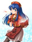  1girl blue_background blue_eyes blue_hair blush book capelet cowboy_shot dress fire fire_emblem fire_emblem:_fuuin_no_tsurugi hat holding holding_book jewelry lilina long_hair open_mouth pantyhose skirt solo soyo2106 