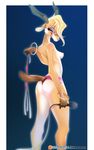  antelope anthro areola bikini black_eyes blonde_hair blush border bottomless bracelet breasts butt caprine clothed clothing disney duo female gazelle gazelle_(zootopia) hair hair_over_eye half-closed_eyes hi_res horn jewelry long_hair looking_back mammal microphone rear_view side_boob simple_background skimpy skinny small_breasts swimsuit topless tsampikos underwear undressing zootopia 
