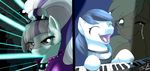  2015 abstract_background applejack_(mlp) blue_eyes clothing coloratura_(mlp) duo earth_pony equine eyes_closed female feral friendship_is_magic fur hair hi_res horse inkybeaker looking_at_viewer mammal multicolored_hair my_little_pony pony smile synthesizer veil white_fur 