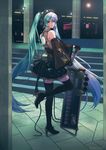  1girl boots detached_sleeves gloves goggles goggles_on_head hatsune_miku headset high_heels instrument kake_(kuromitsu) keyboard_(instrument) long_hair looking_at_viewer microphone necktie skirt solo stairs thigh_boots thighhighs twintails very_long_hair vocaloid 