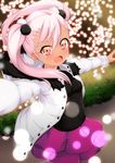  1girl :d absurdres blurry bokeh chloe_von_einzbern dark_skin depth_of_field fate/kaleid_liner_prisma_illya fate_(series) fur_trim hair_bobbles hair_ornament highres hood hooded_jacket jacket lens_flare long_hair looking_at_viewer multicolored_eyes open_mouth outstretched_arms pink_eyes pink_hair skirt smile solo spread_arms tekku_(07201115) twintails winter_clothes yellow_eyes 
