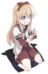  1girl :q asaoka_(0x0) blonde_hair blue_eyes no_shoes rum_raisin school_uniform serafuku sitting smile socks solo tongue tongue_out toshinou_kyouko yuru_yuri 