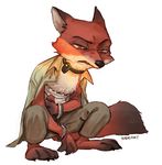  anthro bandage bottomwear brown_bottomwear brown_clothing brown_pants canid canine claws clothing collar crouching cuff_(restraint) disney fox fur handcuffs iron_cuffs kadeart male mammal metal_cuffs nick_wilde pants red_body red_eyes red_fox red_fur restraints shirt shock_collar simple_background snarling solo teeth topwear true_fox white_background wrist_cuffs zoodystopia zootopia 