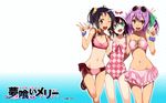  &gt;:d 3girls :d ;d alternate_hair_color artist_name bandeau bikini black_hair brown_eyes casual_one-piece_swimsuit checkered checkered_swimsuit copyright_name double_v facial_mark fang female front-tie_top girl_sandwich green_eyes hat kounagi_yui lowres merry_nightmare multiple_girls navel official_art one-piece_swimsuit one-piece_tan one_eye_closed open_mouth ponytail purple_hair ribbon sandals sandwiched scrunchie short_hair side_ponytail smile sunglasses sunglasses_on_head swimsuit tachibana_isana tan tanline thigh_gap ushiki_yoshitaka v wallpaper wink wrist_scrunchie yumekui_merry 