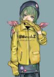  1girl absurdres aqua_eyes badge beanie blue_background bob_cut button_badge gloves green_hair hat head_tilt highres jacket junjunforever looking_at_viewer mechanical_wings nose original science_fiction short_hair sleeves_pushed_up solo twitter_username wings wiping_face wiping_nose 