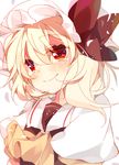  1girl ascot blonde_hair blush crying crying_with_eyes_open flandre_scarlet hat hat_ribbon kazato_fuuchi looking_at_viewer mob_cap puffy_sleeves red_eyes ribbon shirt short_sleeves side_ponytail simple_background smile tears touhou upper_body vest white_background 