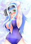  1girl :o absurdres ahoge alternate_costume alternate_hairstyle armpits blush breasts front_zipper_swimsuit green_eyes hair_ribbon hairband heart heart-shaped_pupils highres konpaku_youmu konpaku_youmu_(ghost) large_breasts long_hair makky one-piece_swimsuit ribbon silver_hair solo swimsuit symbol-shaped_pupils toned touhou undressing 