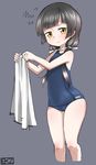  1girl amayadori_machi black_hair brown_eyes flat_chest highres holding kumamiko long_hair looking_at_viewer ribbon school_swimsuit solo swimsuit thighs twintails wide_hips 