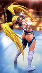  1girl ass big_hair blonde_hair blue_eyes boots breasts cleavage eyeshadow highres large_breasts leaning_back long_hair makeup mask memnoh rainbow_mika slap_mark solo spanked street_fighter twintails v very_long_hair white_boots wrestling_outfit wrestling_ring 