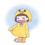  1boy :d ^_^ animal_hood ayu_(mog) bird boots brown_hair closed_eyes duck_hood eyes_closed heart heart_in_mouth hood male_focus matsuno_juushimatsu open_mouth osomatsu-kun osomatsu-san rain raincoat smile 