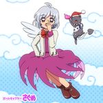  :3 angel_wings blue_sky book bow braid brooch card_captor_sakura cardcaptor_sakura cloud doremy_sweet dress hat jacket jewelry kero kero_(cosplay) kishin_sagume long_sleeves looking_at_viewer nightcap open_clothes open_jacket open_mouth parody purple_dress red_eyes shirosato silver_hair single_braid single_wing sky smile style_parody touhou wings 