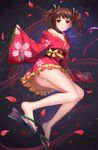  althea_(sakiya0000) barefoot barefoot_sandals blush brown_hair feet floral_print hair_ribbon highres japanese_clothes kimono koutetsujou_no_kabaneri long_hair looking_at_viewer mumei_(kabaneri) no_socks obi off_shoulder panties pantyshot parted_lips petals red_eyes ribbon sandals sash sky solo star_(sky) starry_sky twintails underwear white_panties wide_sleeves 