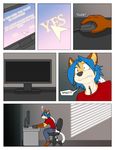  anthro blue_hair canine clothed clothing comic computer dracojeff english_text fox fur hair mammal orange_fur solo text 