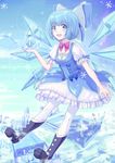  1girl blue_dress blue_eyes blue_hair bow cirno dress fairy_wings hair_bow highres huanghyy ice ice_wings open_mouth puffy_sleeves short_hair solo touhou wings 