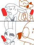  2016 anthro canine clothed clothing disney duo eye_contact eyewear female filthyp filthypally food fox half-closed_eyes judy_hopps lagomorph licking male male/female mammal necktie nick_wilde phallic popsicle rabbit simple_background smile standing suggestive suggestive_food sunglasses sweat sweatdrop teasing tongue tongue_out white_background zootopia 