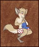  anthro blush boxers_(clothing) canine clothing coyote embarrassed erulla fur mammal tan_fur tyr underwear young 