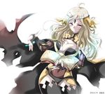  ahoge artist_name black_cape blonde_hair bodysuit book breasts cape circlet cleavage dated elbow_gloves fire_emblem fire_emblem_if gloves large_breasts long_hair magic ophelia_(fire_emblem_if) runes russell_rasseru simple_background solo thighhighs thighs torn_cape yellow_cape 