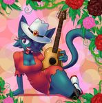  anthro black_fur blue_eyes breasts cat catty_carlisle cleavage clothed clothing dress eyelashes feline female flower fur grin guitar hair hat lipstick mammal musical_instrument one_eye_closed plant solo sonic_(series) teckworks the_adventures_of_sonic_the_hedgehog 