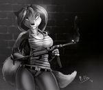  anthro breasts canine clothed clothing female fox gun looking_at_viewer mammal monochrome ranged_weapon solo weapon woadedfox 