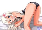  1girl aikawa_ryou ass blonde_hair blush flower grey_eyes hair_flower hair_ornament kantai_collection long_sleeves looking_at_viewer open_mouth ro-500_(kantai_collection) school_swimsuit silver_hair smile solo swimsuit tan tanline top-down_bottom-up 