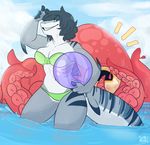  2016 anthro ball beach_ball bikini black_hair blush breasts carmine_(sorimori) cephalopod cleavage clothed clothing female feral fin fish grey_skin hair marine navel non-mammal_breasts octopus outside sea shark sharp_teeth signature smile solo sorimori standing striped_tail swimsuit teeth thick_tail thick_thighs voluptuous water wet wide_hips 