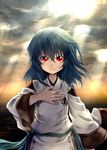  &gt;:( 1girl angry blue_hair cloud cloudy_sky detached_sleeves highres hinanawi_tenshi judo_fuu long_sleeves looking_at_viewer no_hat red_eyes serious shirt skirt sky solo touhou upper_body wide_sleeves 