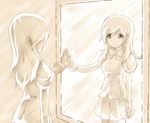  1girl artist_request beige dress enomoto_saki from_behind katawa_shoujo long_hair looking_at_another mirror monochrome outstretched_arm reflection school_uniform sepia short_sleeves smile solo tears visible_ears what_if 