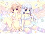  2girls animal_ears azumi_kazuki back bare_arms bare_shoulders barefoot bloomers blue_eyes blush brown_hair bunny_ears candy commentary easter easter_egg fake_animal_ears gochuumon_wa_usagi_desu_ka? hair_ornament halter_top halterneck happy_easter hoto_cocoa kafuu_chino leg_warmers lollipop long_hair looking_at_viewer microskirt midriff multiple_girls navel pink_eyes silver_hair sitting skirt smile striped striped_legwear thighs underwear very_long_hair wrist_cuffs 