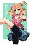  bike_shorts bow freyja_wion green_eyes hair_bow hand_gesture macross macross_delta orange_hair ponpon shorts_under_skirt smile solo translation_request 