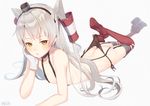  1girl amatsukaze_(kantai_collection) black_panties brown_eyes gloves hairband kantai_collection lying on_stomach panties panty_lift side-tie_panties silver_hair solo two_side_up underwear you06 